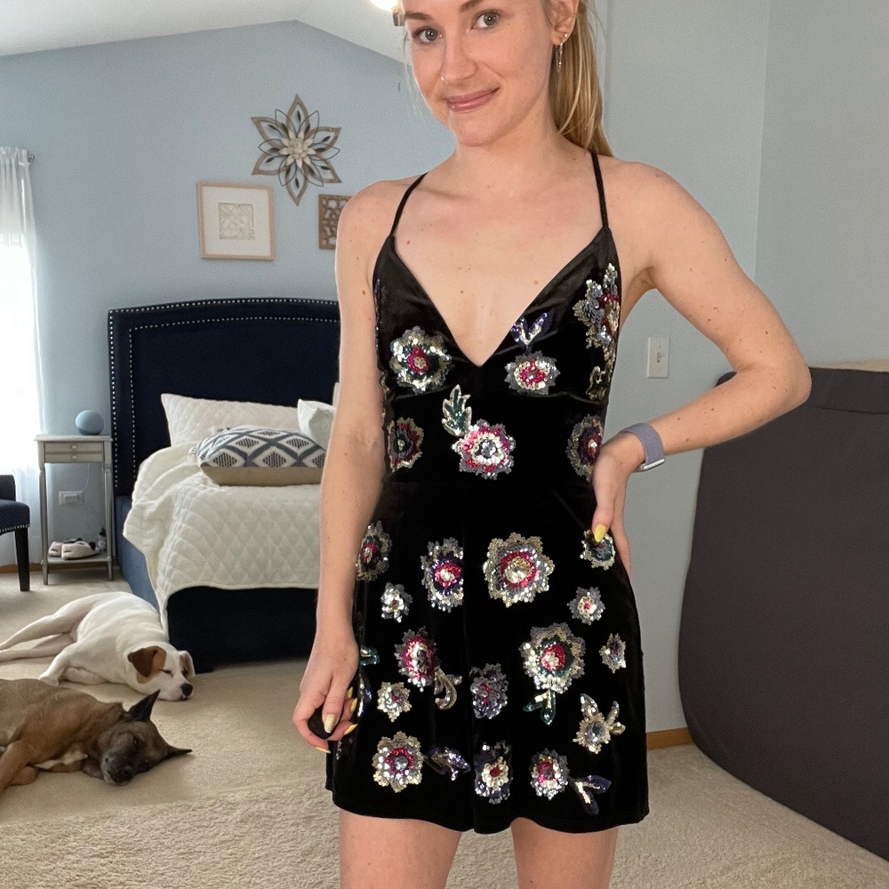 Express Velvet Backless Sequin Romper (NWT)